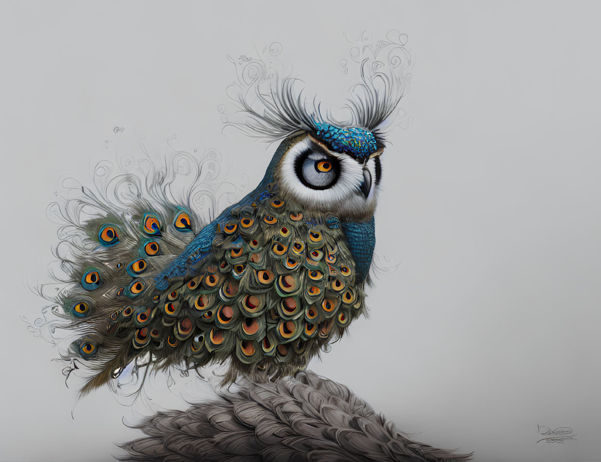 Illustrated owl with peacock feathers in blue and gold patterns