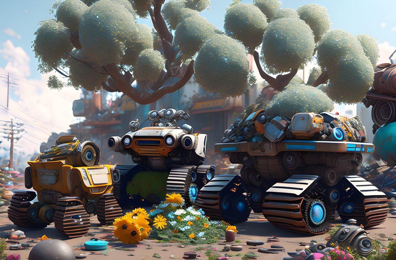 Whimsical robot scene with colorful flowers and futuristic structures