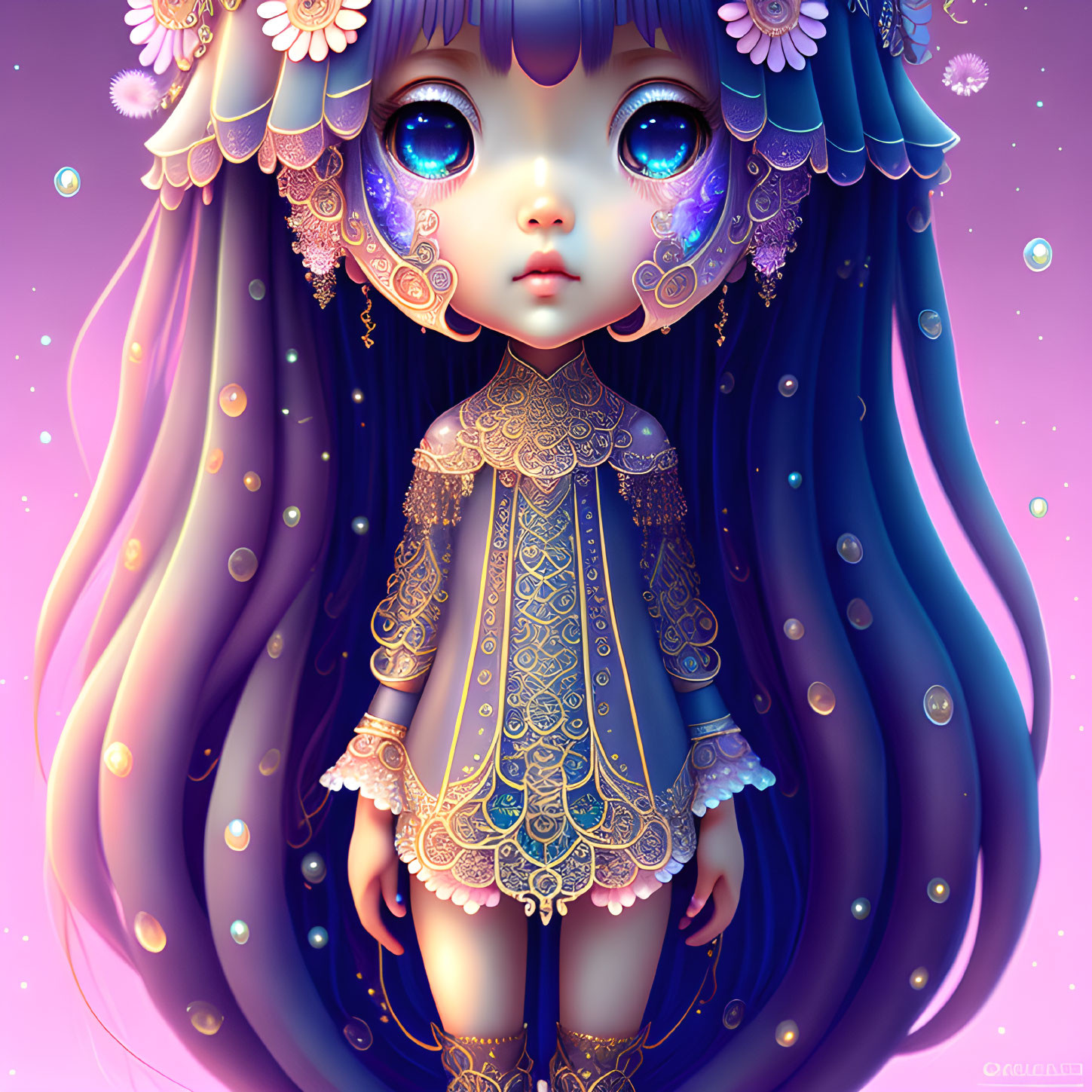 Stylized girl with blue eyes, dark hair, floral crown, and celestial dress.