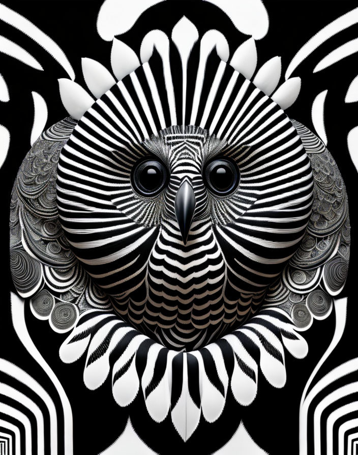 Symmetrical Black and White Owl Art with Intricate Patterns