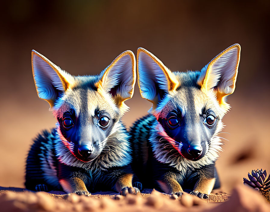 Vibrantly colored bat-eared fox pups with striking eyes resting.