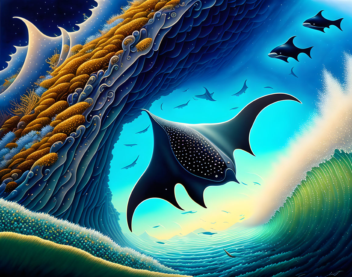 Colorful underwater scene with manta ray, fish schools, coral, and crescent moon.