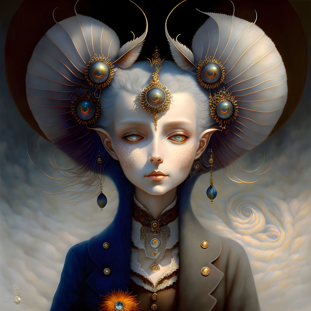 Fantasy portrait: creature with ram horns, ornate jewelry, white hair, piercing gaze