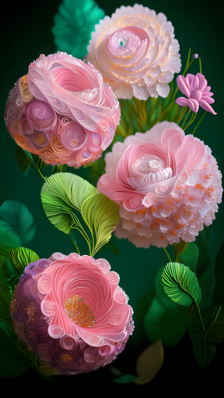 Digitally-rendered intricate pink flowers on dark green background