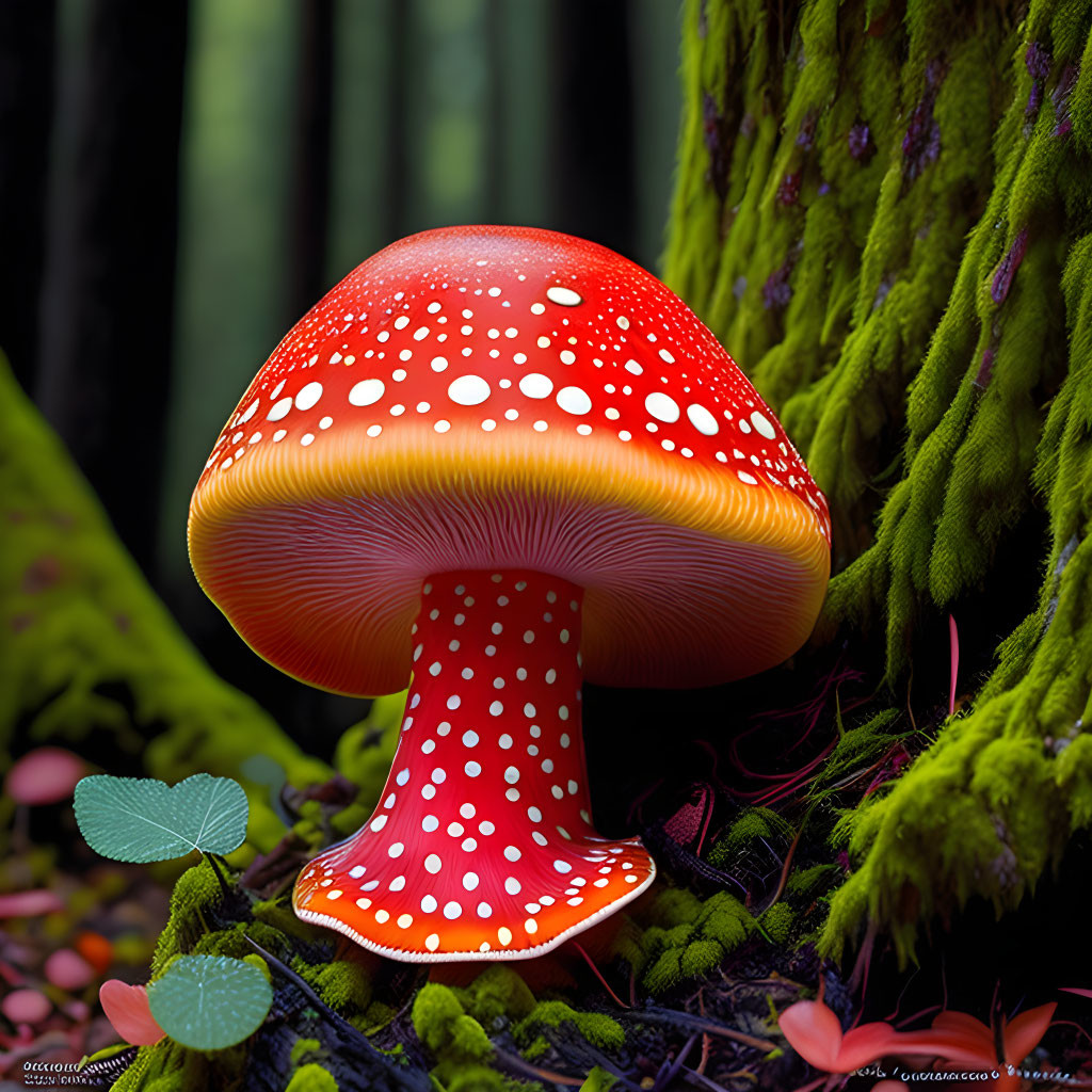 Vibrant red mushroom with white spots in forest setting