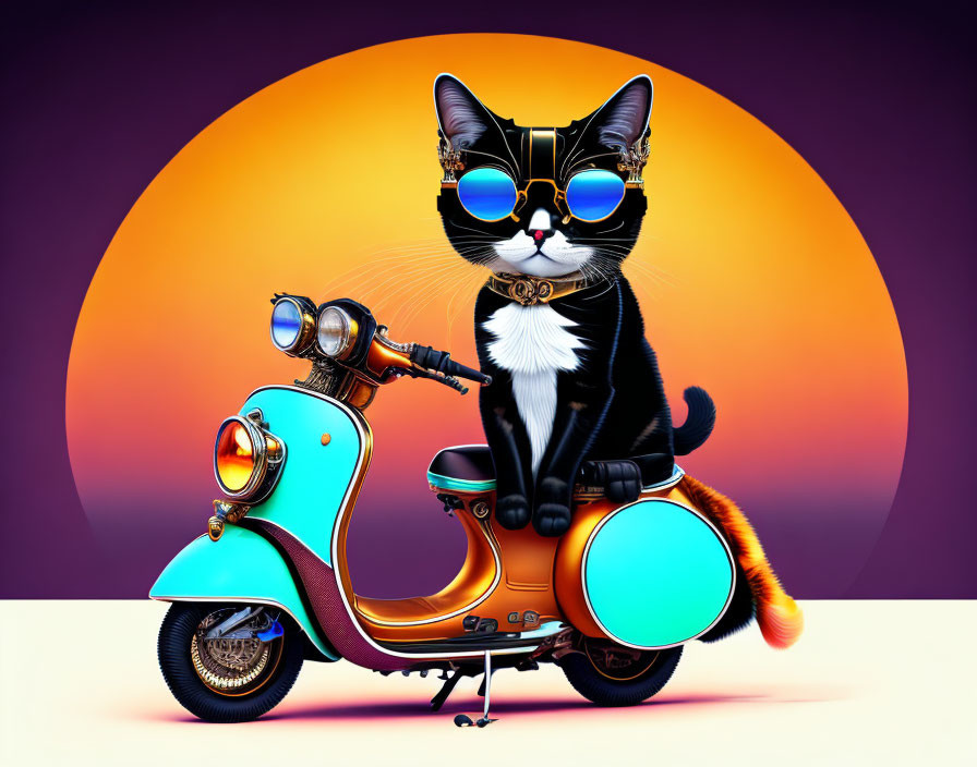Cartoon cat with sunglasses on scooter against orange backdrop