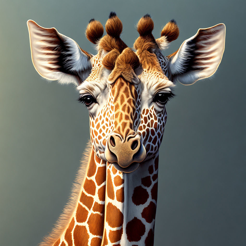 Detailed view of giraffe's head and neck with patterned skin and large ears.
