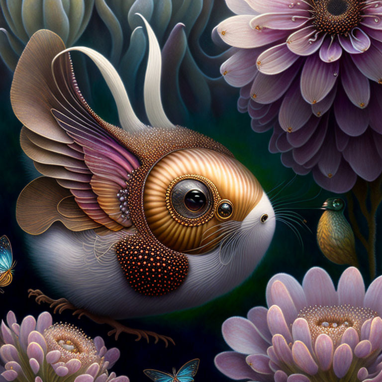 Fantastical fish-bird creature with scales and feathers in vibrant floral scene