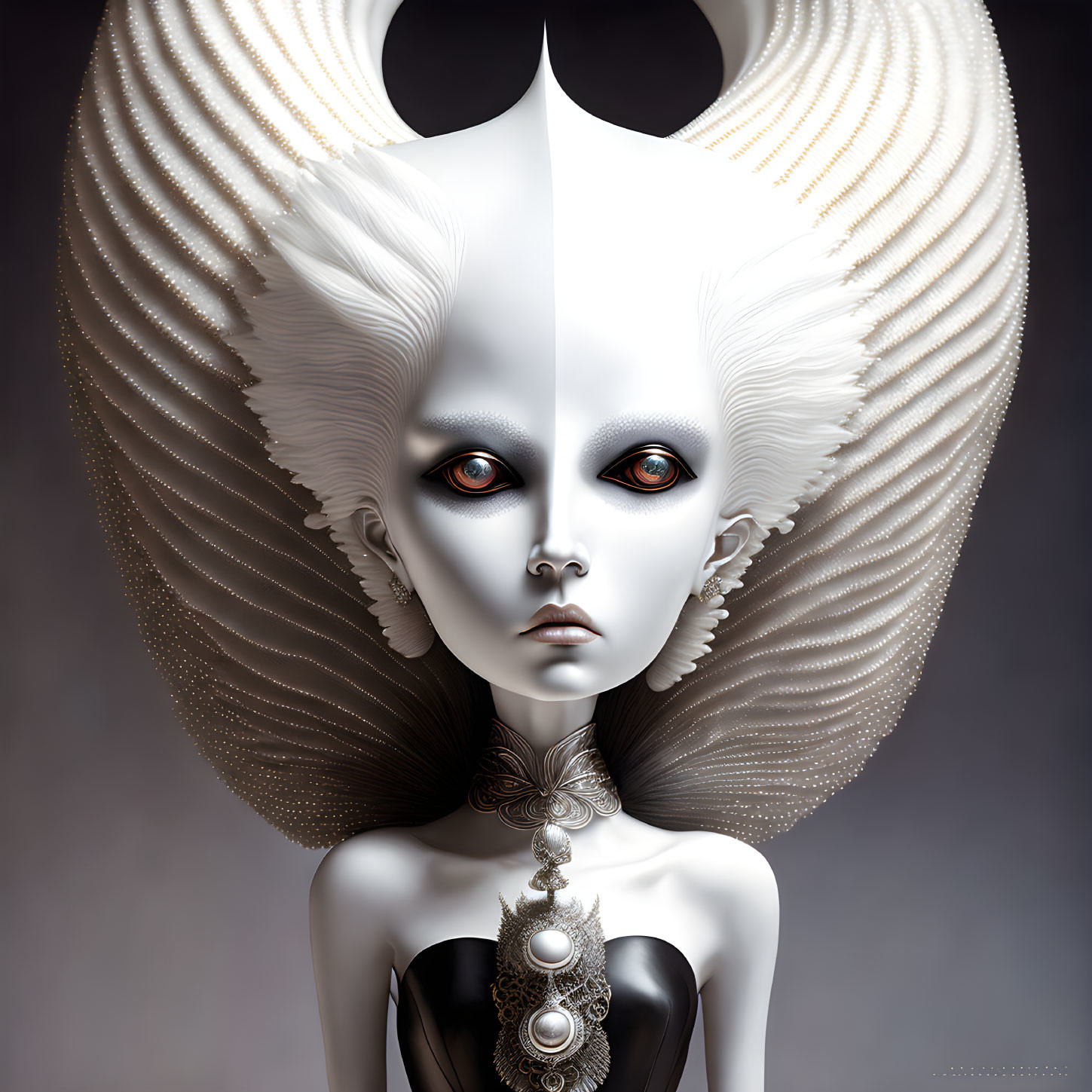 Surreal character with pale skin and ornate headdress
