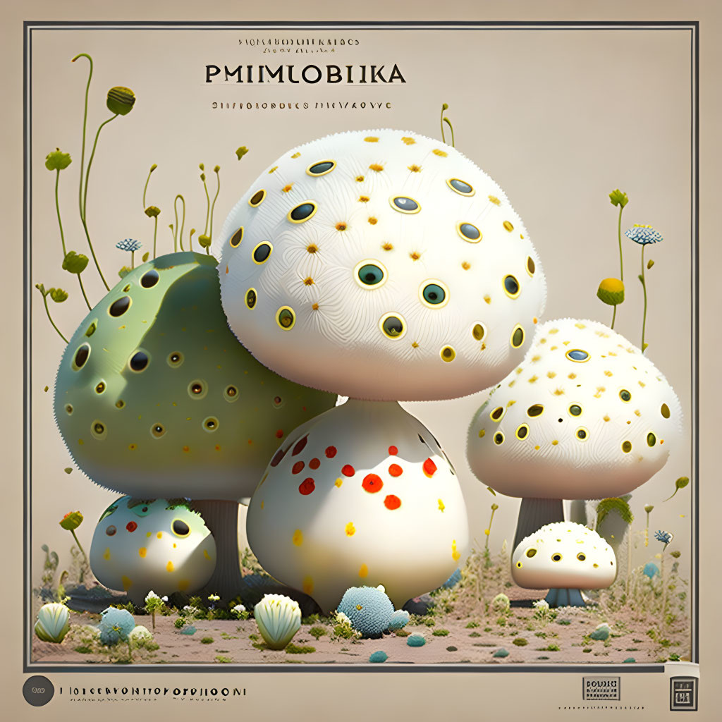 Stylized mushrooms with intricate patterns in vintage setting