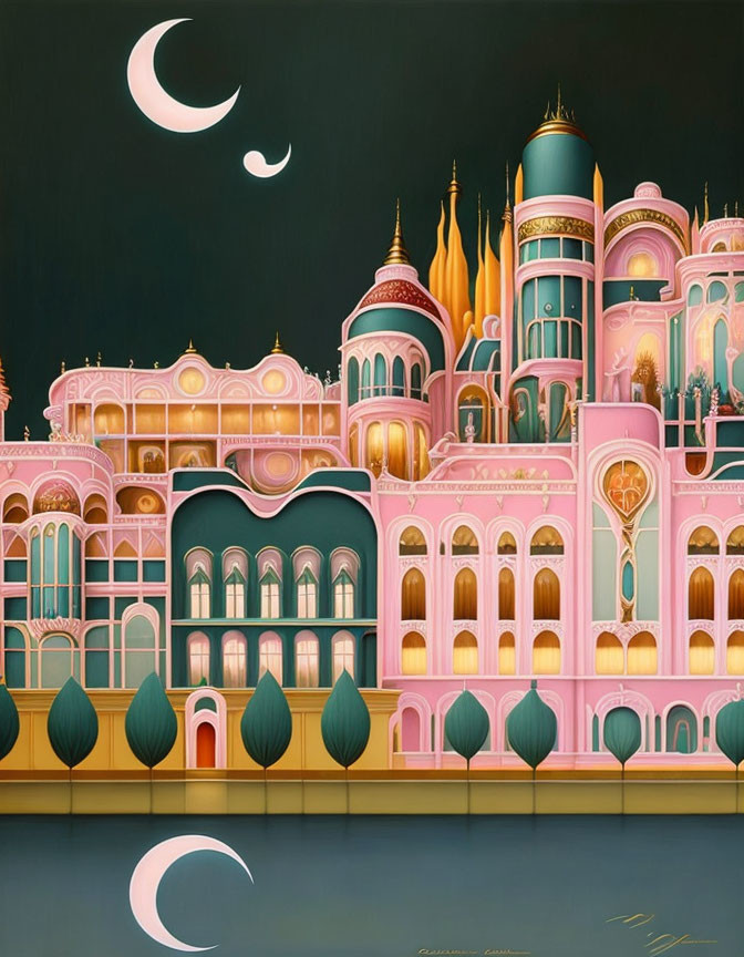 Fantasy palace with pink and teal architecture reflected in water at night