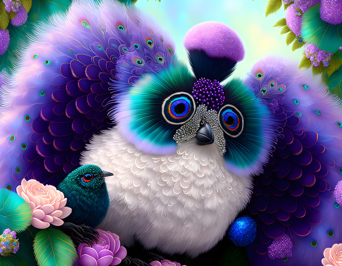 Colorful Stylized Peacock Illustration with Blue and Purple Feathers and Flowers