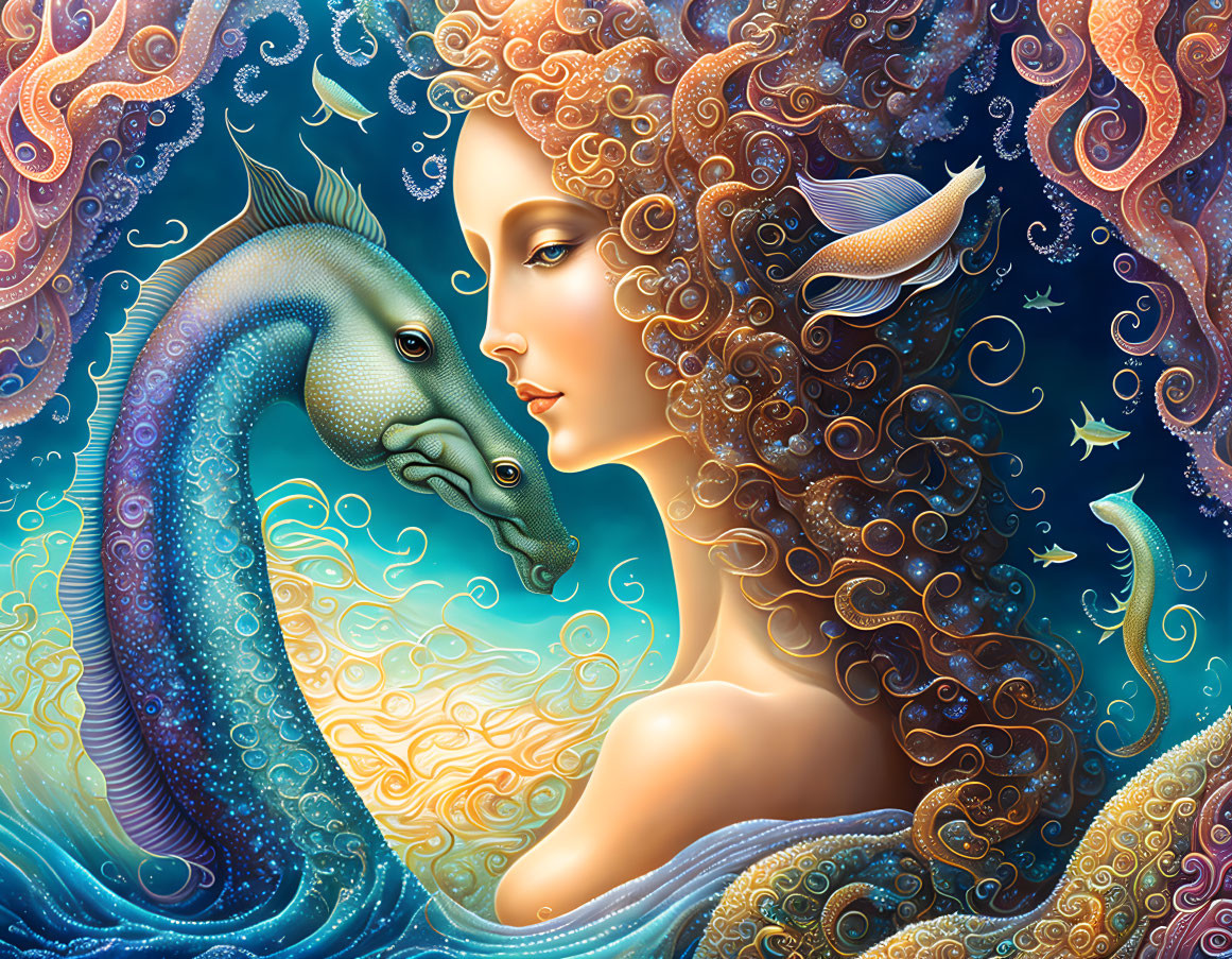 Illustration of woman with flowing hair and fish in vibrant aquatic scene