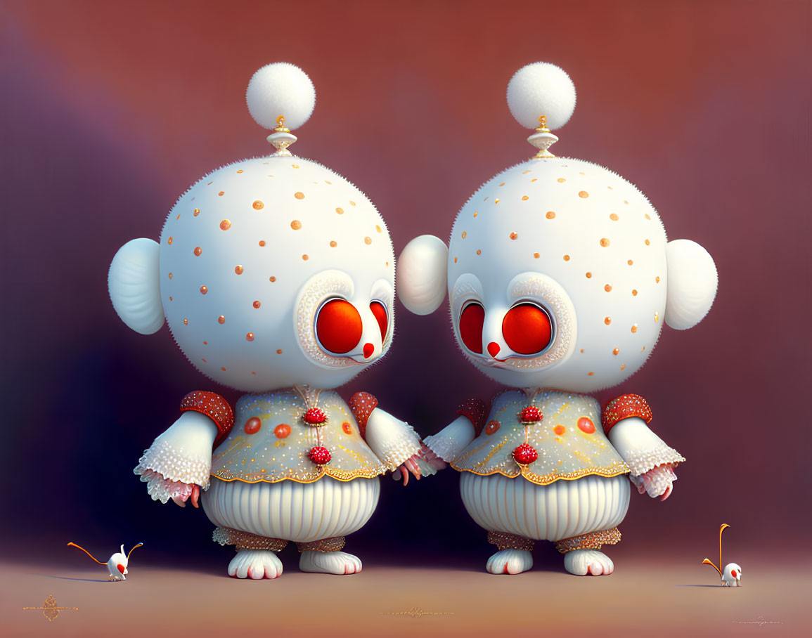 Whimsical animated characters in polka-dotted attire hold hands