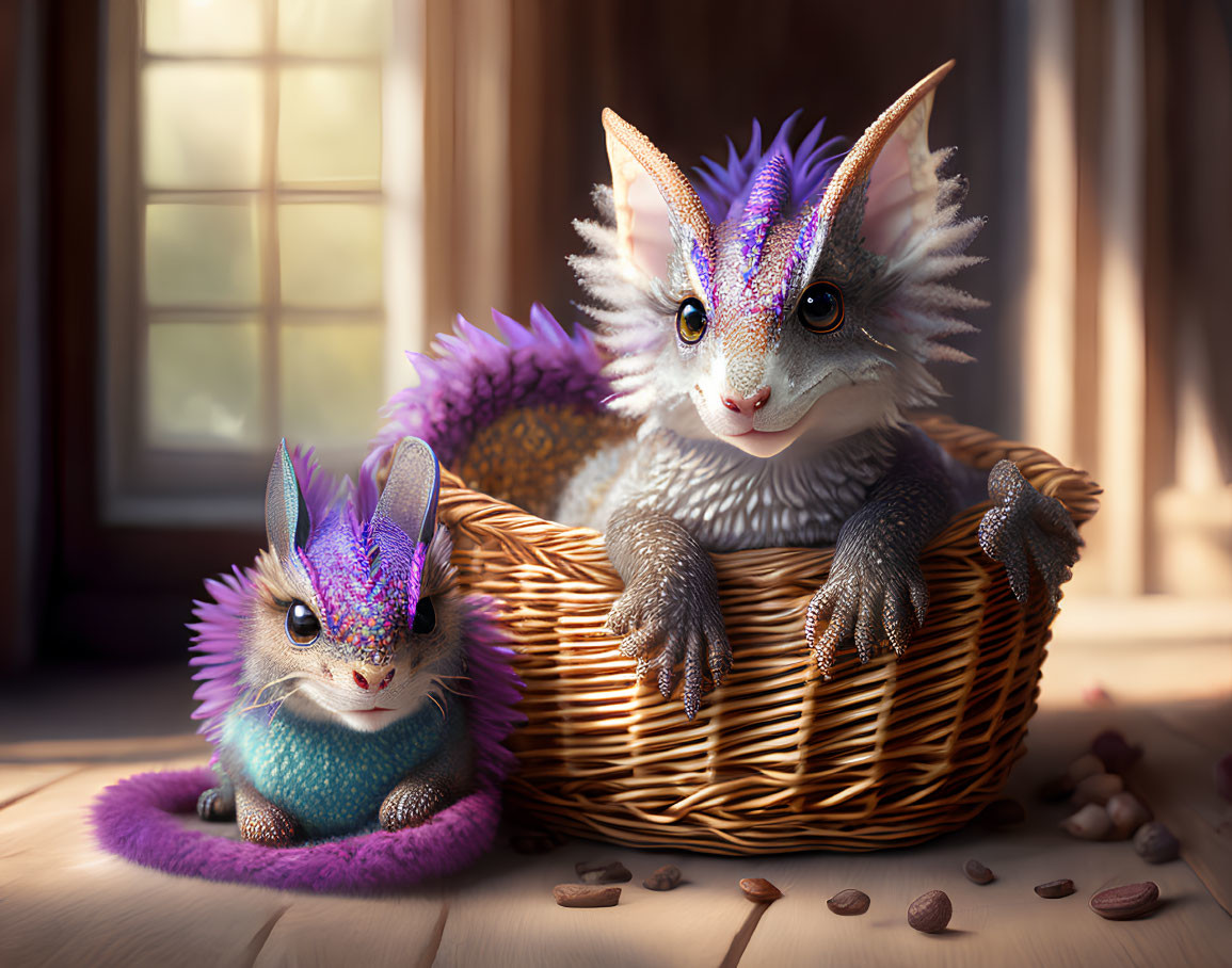 Colorful Sparkling Dragon-Like Creatures in Wicker Basket with Nuts