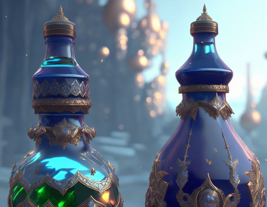 Ornate blue potion bottles with gold and gem accents on mystical background