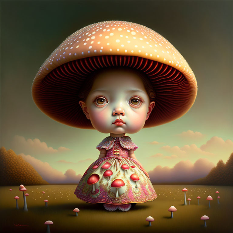 Child with oversized mushroom cap head in mushroom field at dusk