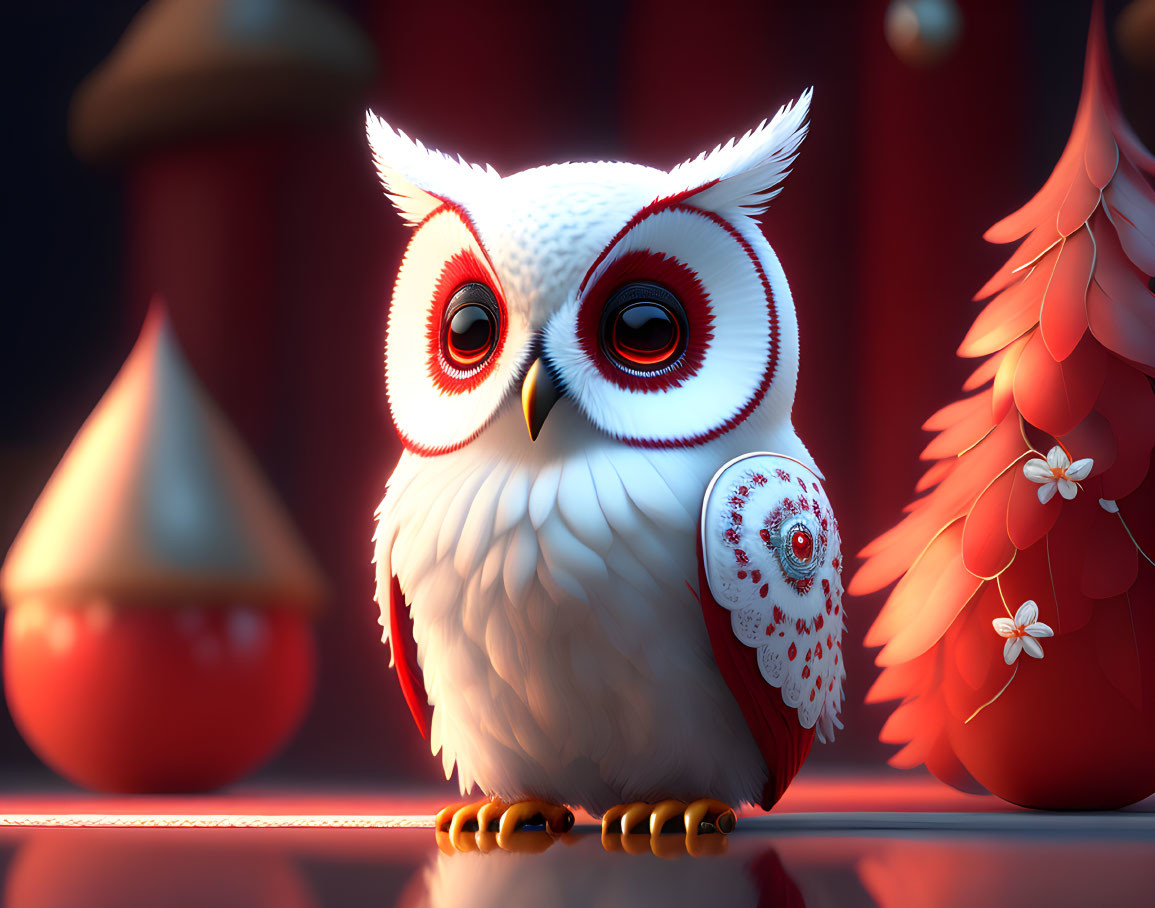 Stylized 3D white owl with red eyes and intricate feather patterns next to red mushroom