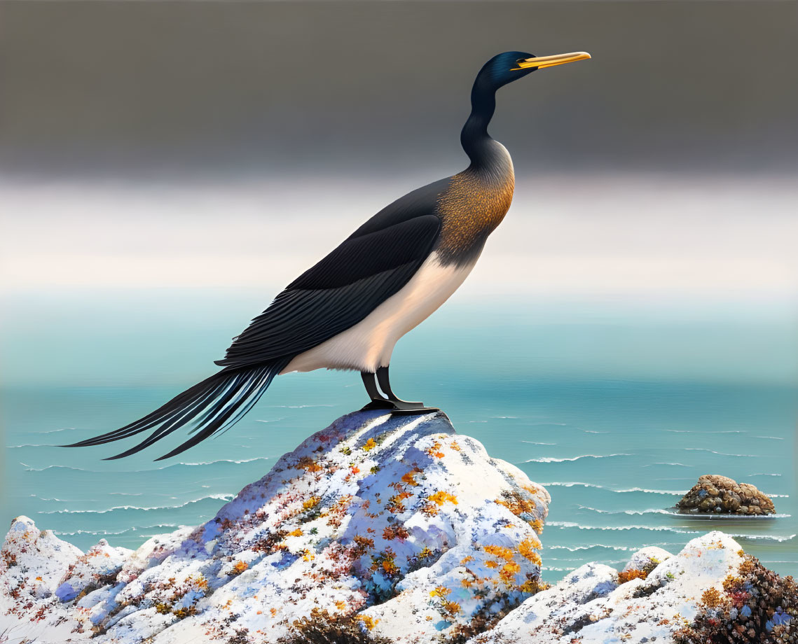 Cormorant perched on mossy rock by tranquil sea