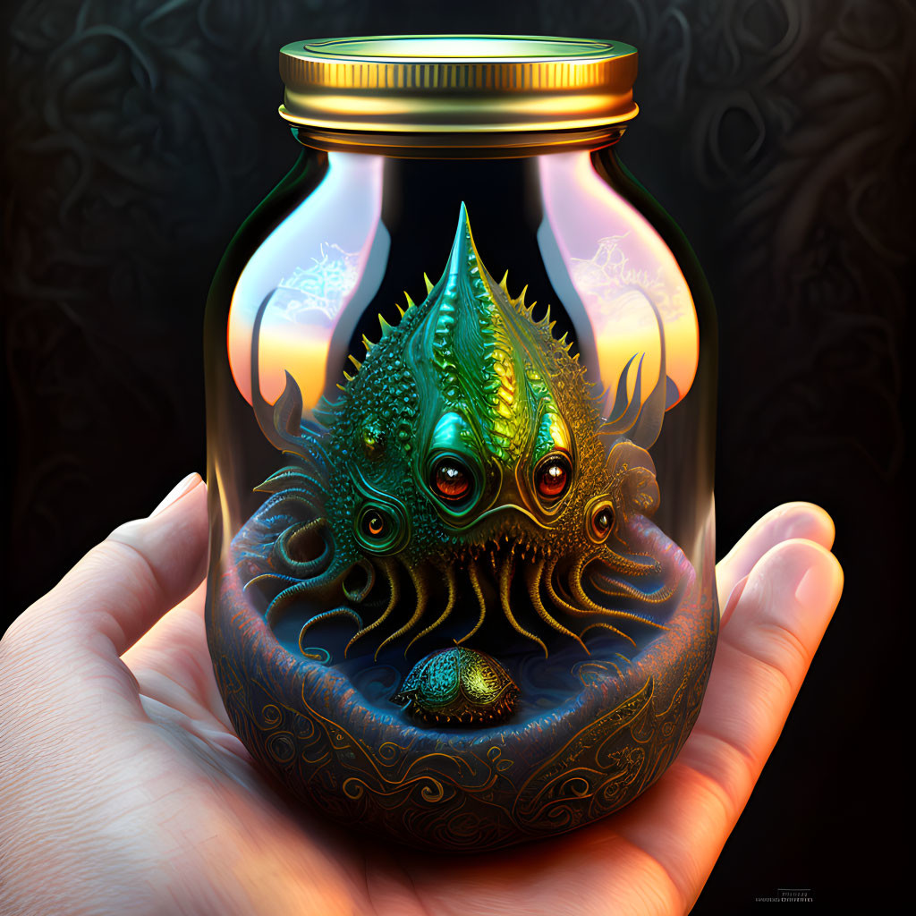 Intricate multi-eyed fantasy creature in glass jar on dark floral background