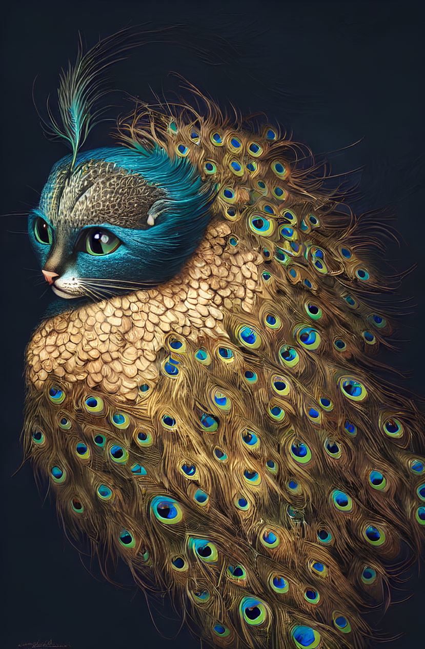 Hybrid creature: cat-headed with peacock body, vibrant blue eyes.