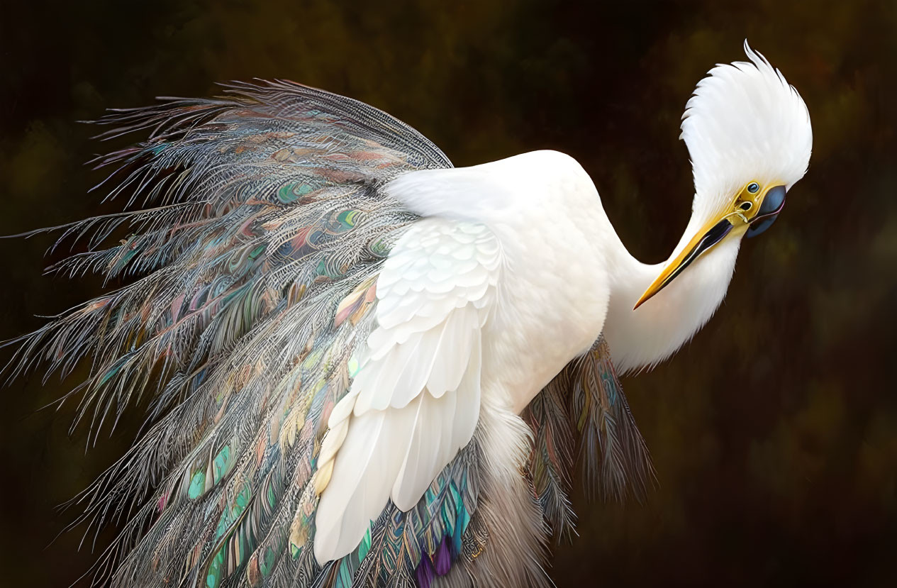 White Egret Bird with Vibrant Peacock Feather-Like Tail Against Dark Background