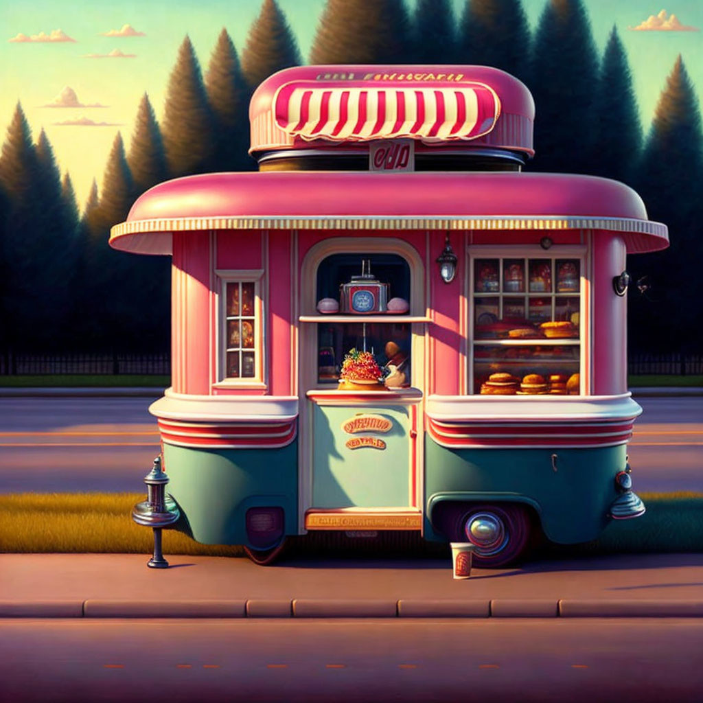 Vintage pink and teal food trailer with desserts, trees, and dusk sky illustration.