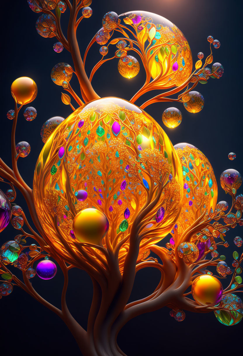 Fantastical glowing tree with orange branches and multicolored bubbles