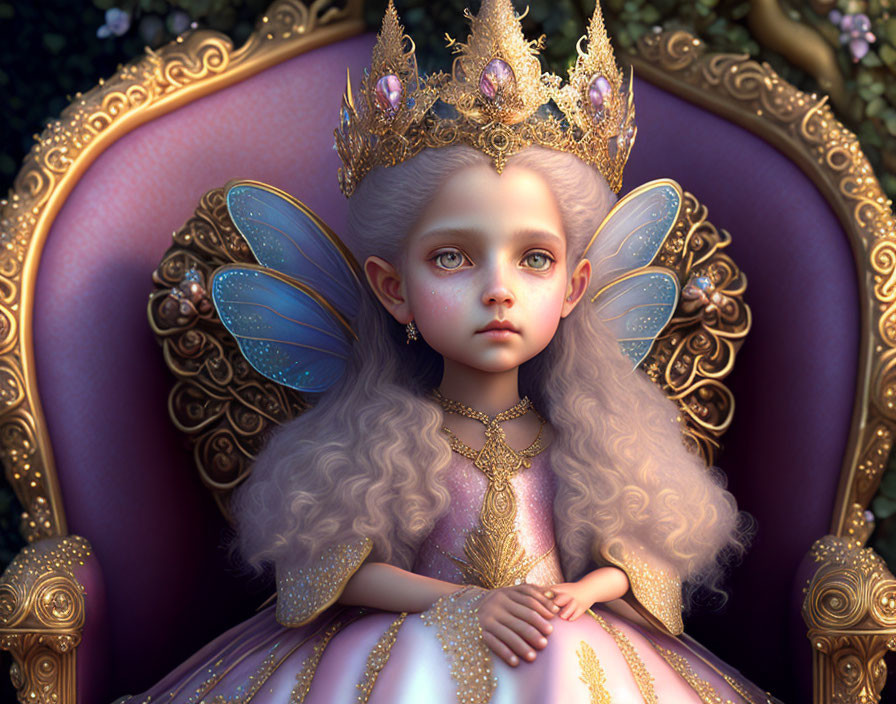 Regal fairy with blue wings on purple throne