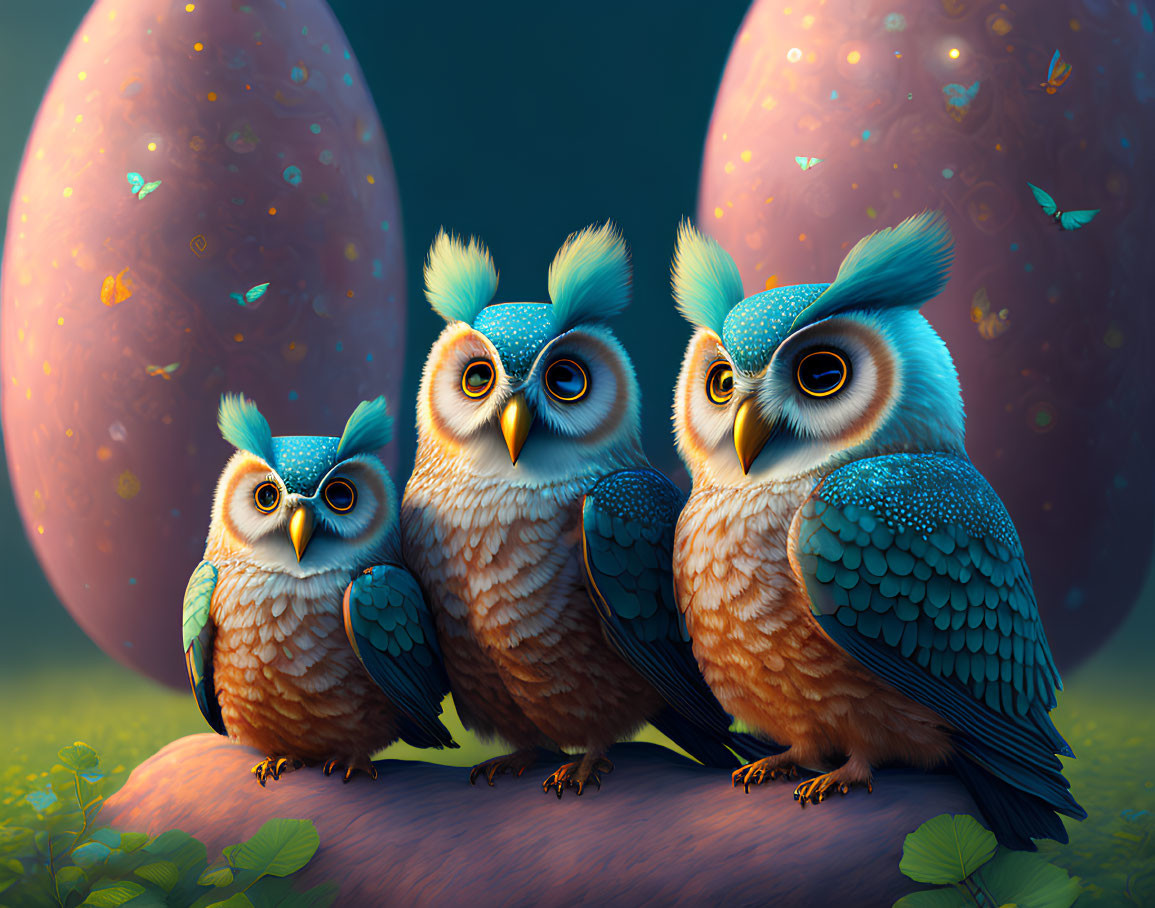 Stylized cartoon owls with blue crests in magical forest scene