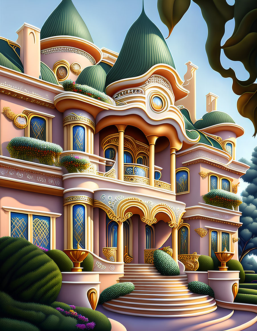 Ornate pink house with curved details and grand staircase