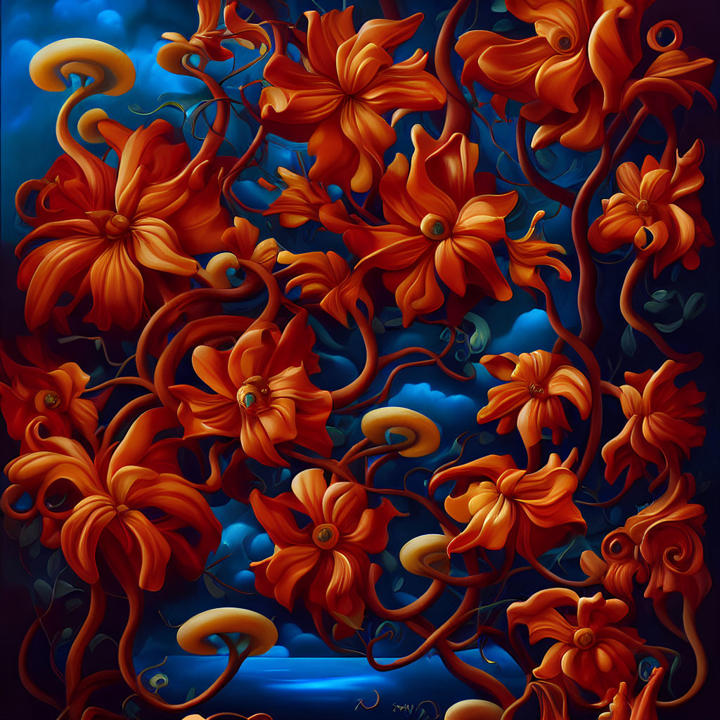 Colorful digital artwork: Orange flowers on blue background
