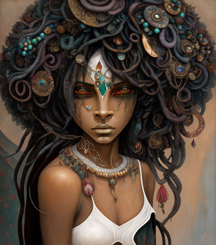 Detailed digital portrait of woman with tribal face paint and intricate jewelry