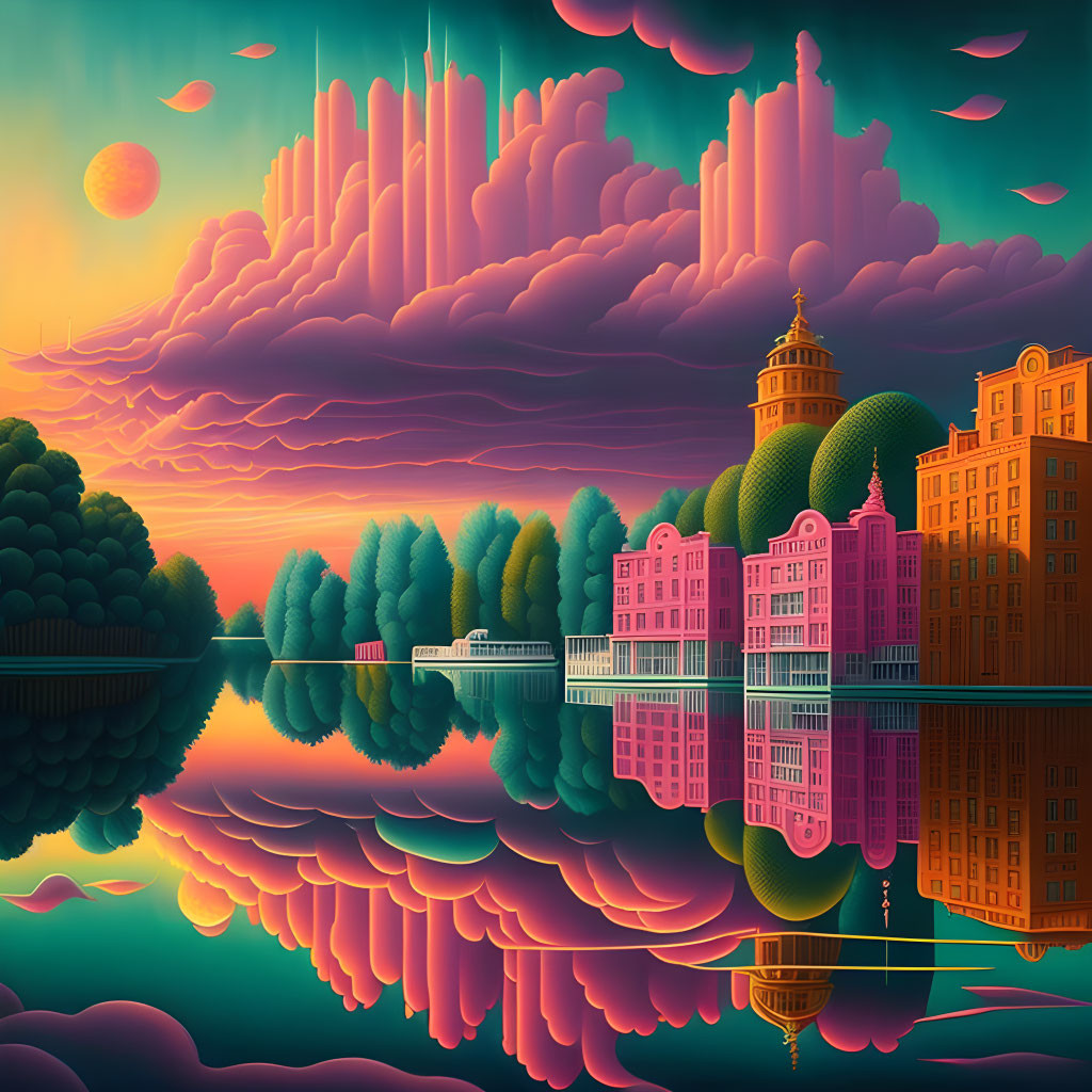 Surreal landscape with pink and orange buildings, lush tree line, tranquil water, colorful sky