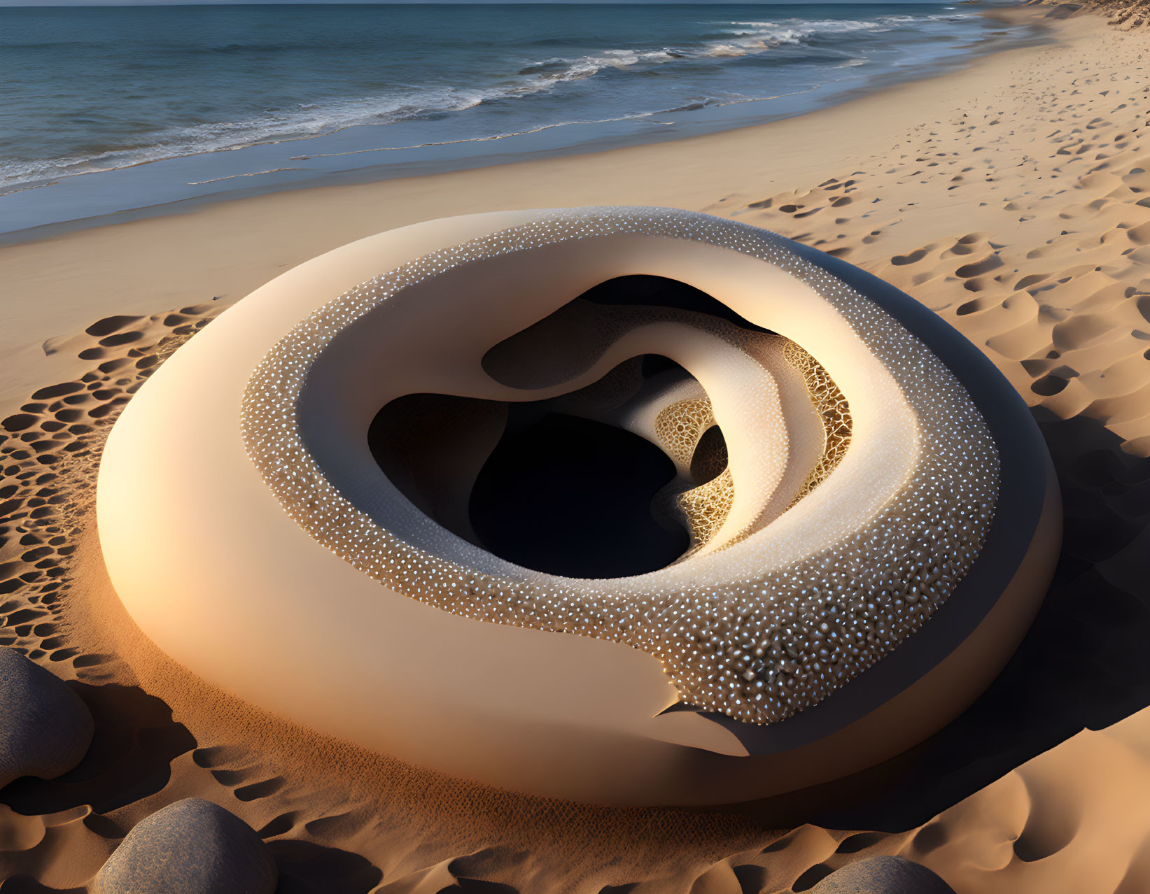 Surreal torus-shaped sculpture on sandy beach with granular texture