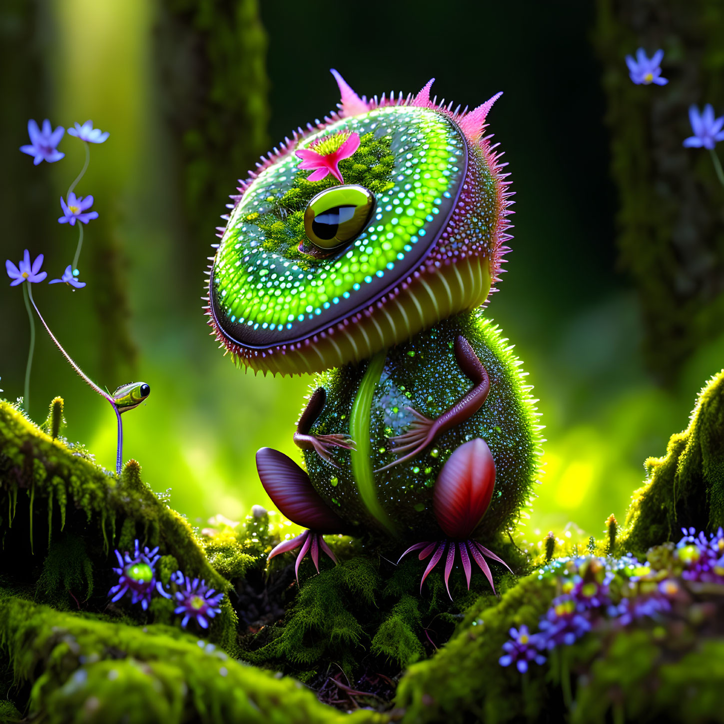 Colorful dinosaur-plant hybrid in mossy forest with purple flowers