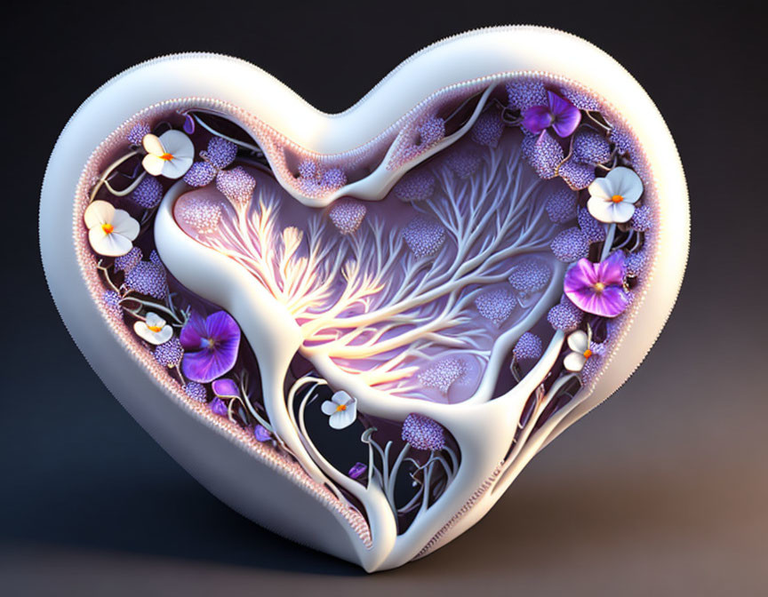 Intricate 3D heart-shaped floral and tree design in purple and white hues