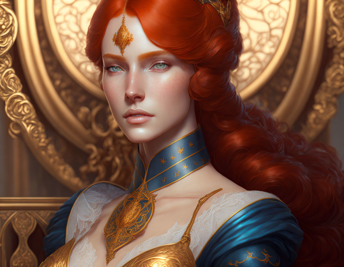 Regal woman with fiery red hair in ornate gold and blue gown