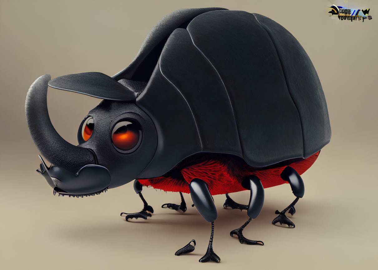 Stylized black beetle with orange eyes and red underbelly on neutral background