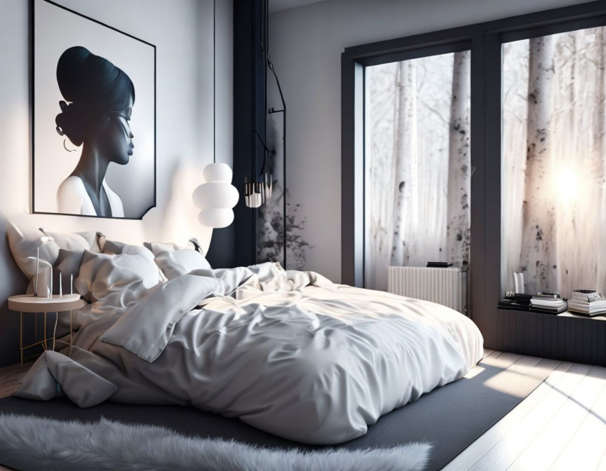 Modern Bedroom with Large Bed, White Bedding, Grey Walls, Large Woman Artwork, Big Windows