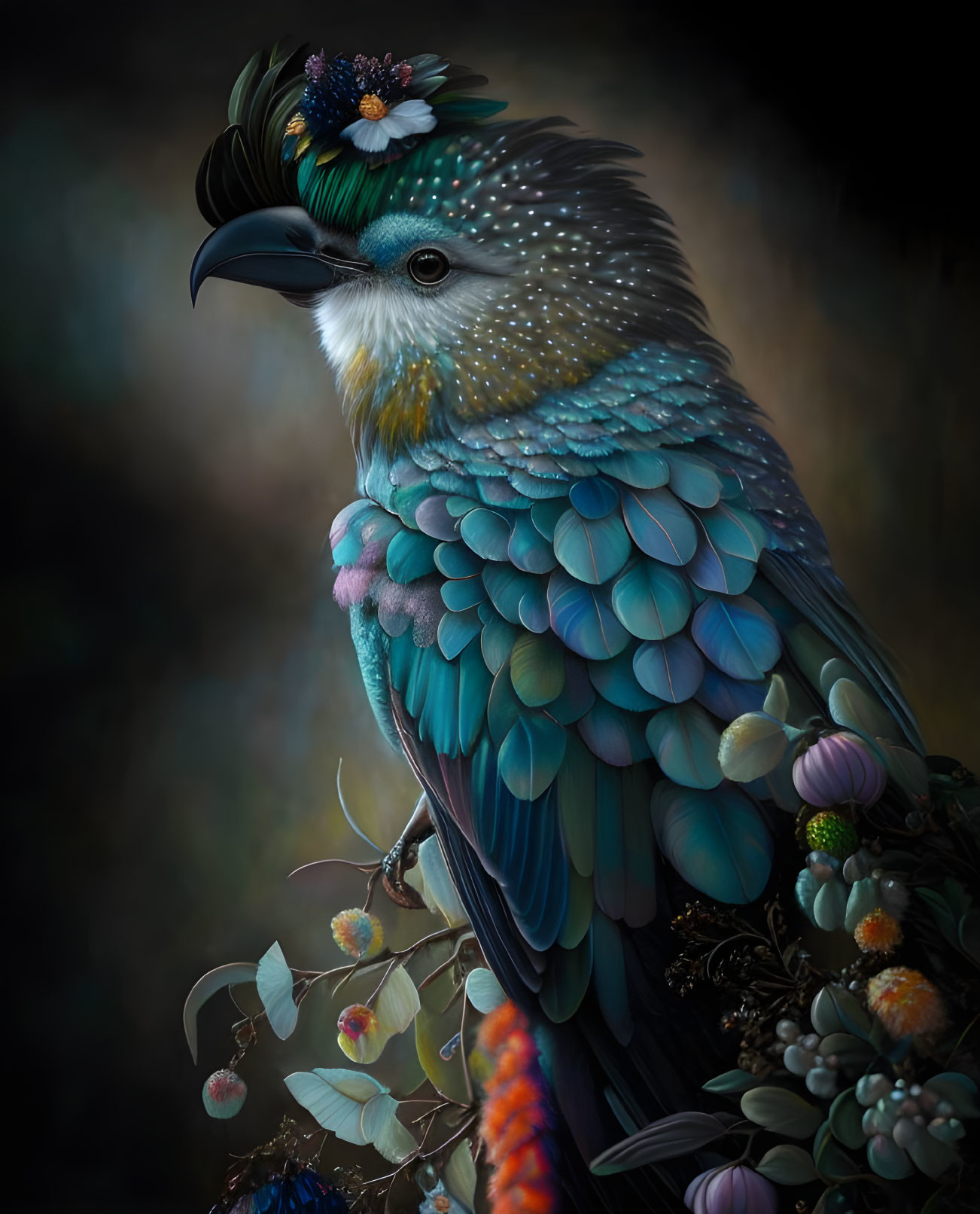 Colorful Fantastical Bird with Blue and Green Feathers Perched in Floral Setting
