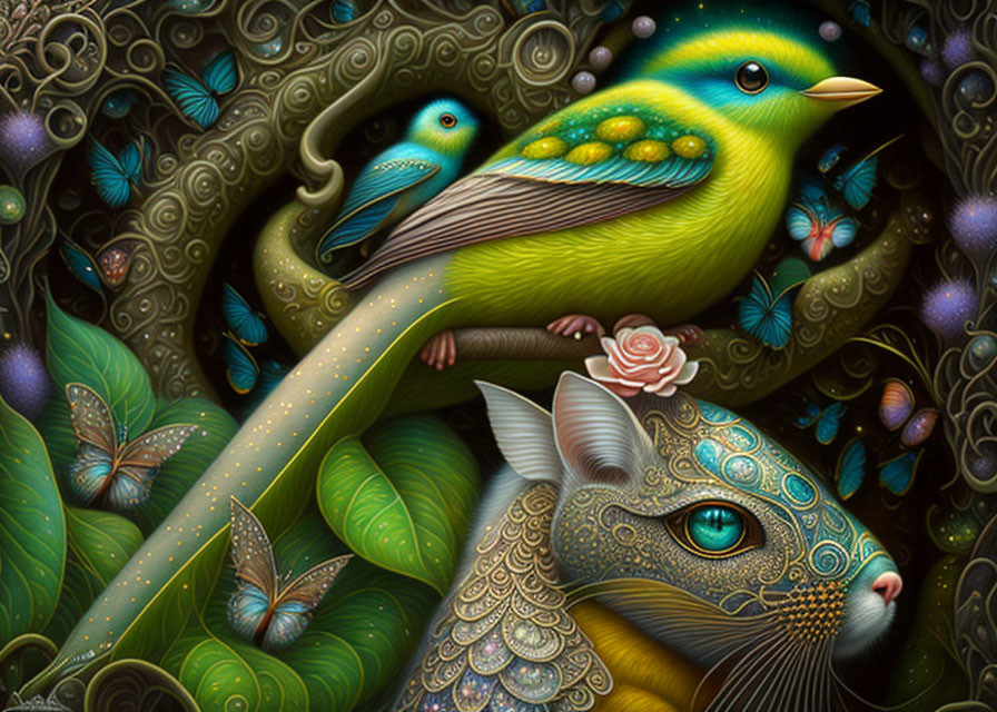 Colorful artwork: Fantastical cat, intricate bird, butterflies in lush setting