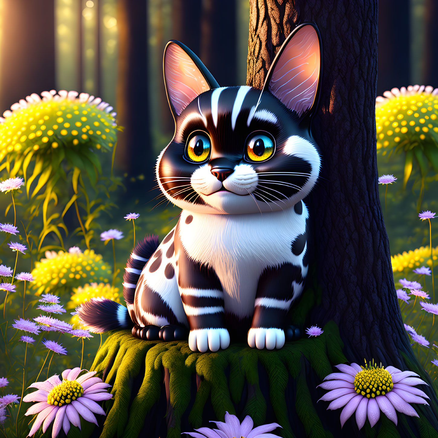 Large-eyed animated cat on tree stump in sunlit forest with purple and yellow flowers