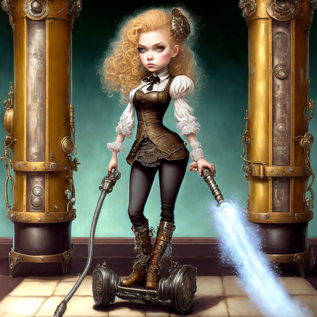 Curly Blonde Haired Steampunk Character with Blue Spray Hose Between Brass Pillars