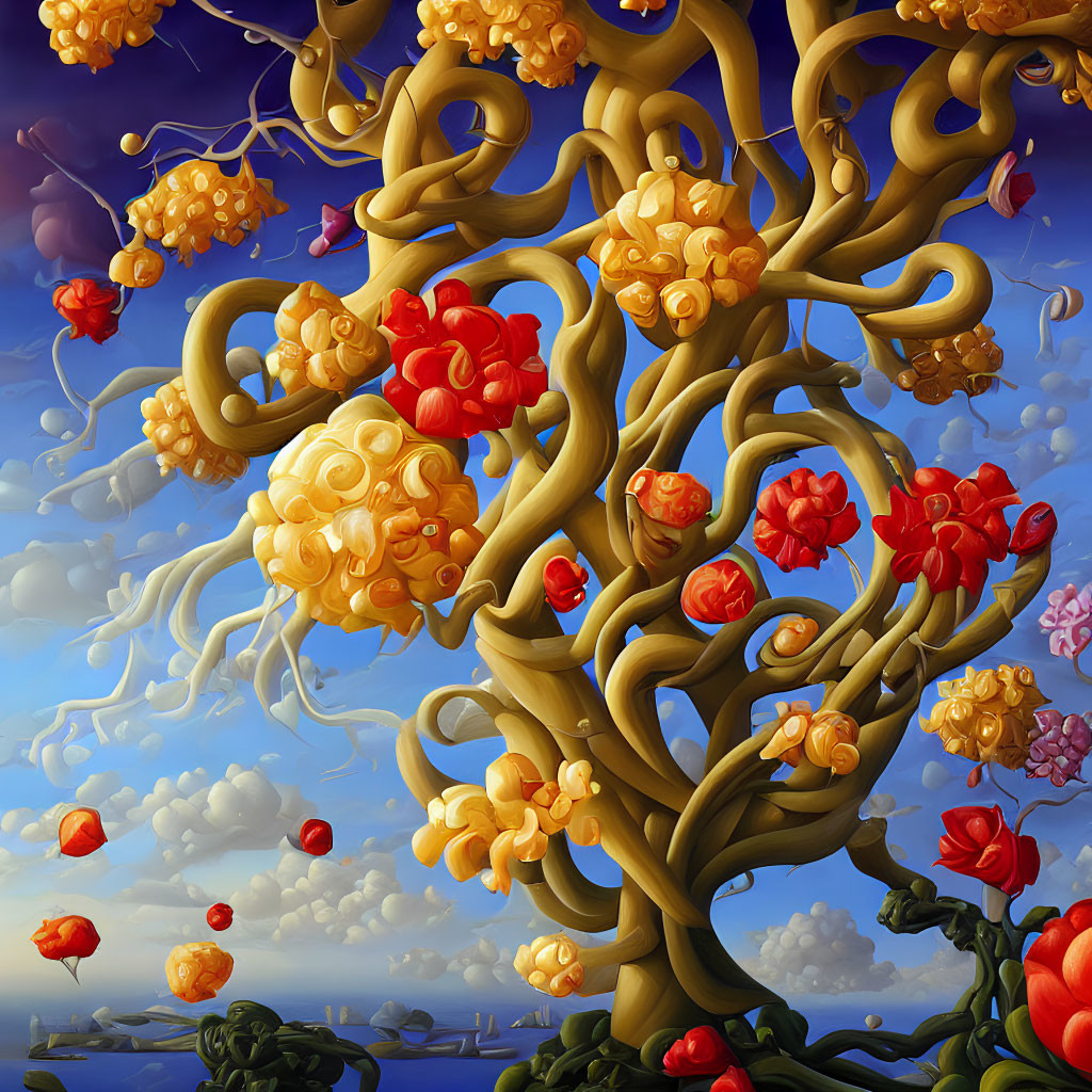 Whimsical golden tree with red and yellow flowers on surreal blue sky