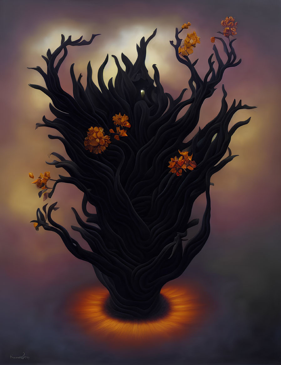 Mystical black tree with fiery orange flowers on dusky background