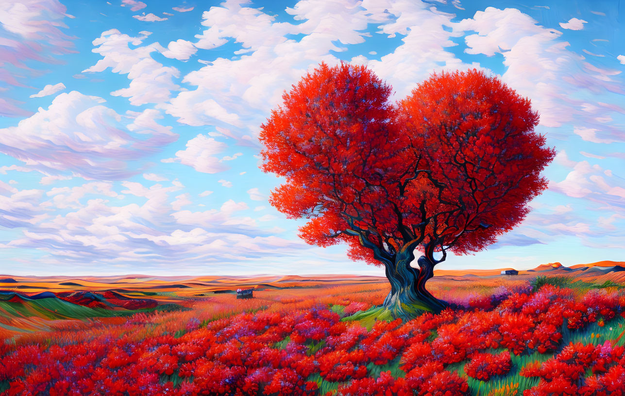 Vibrant landscape with red tree and flowers under blue sky
