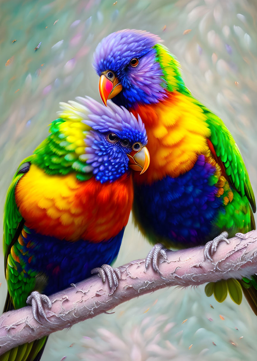 Colorful Rainbow Lorikeets Perched on Branch with Bokeh Background