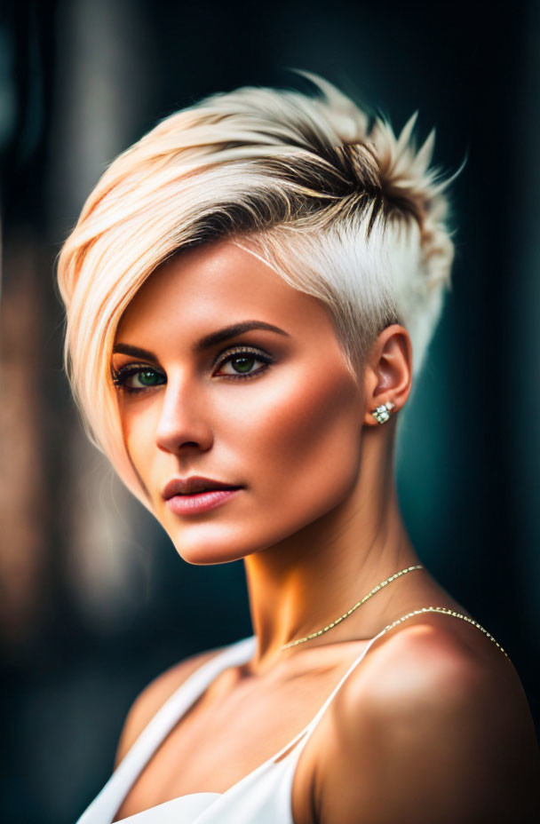 Blonde woman with modern short hairstyle in white top pose