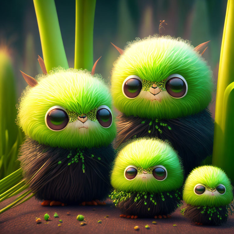 Three Adorable Green Fuzzy Creatures Among Tall Grass